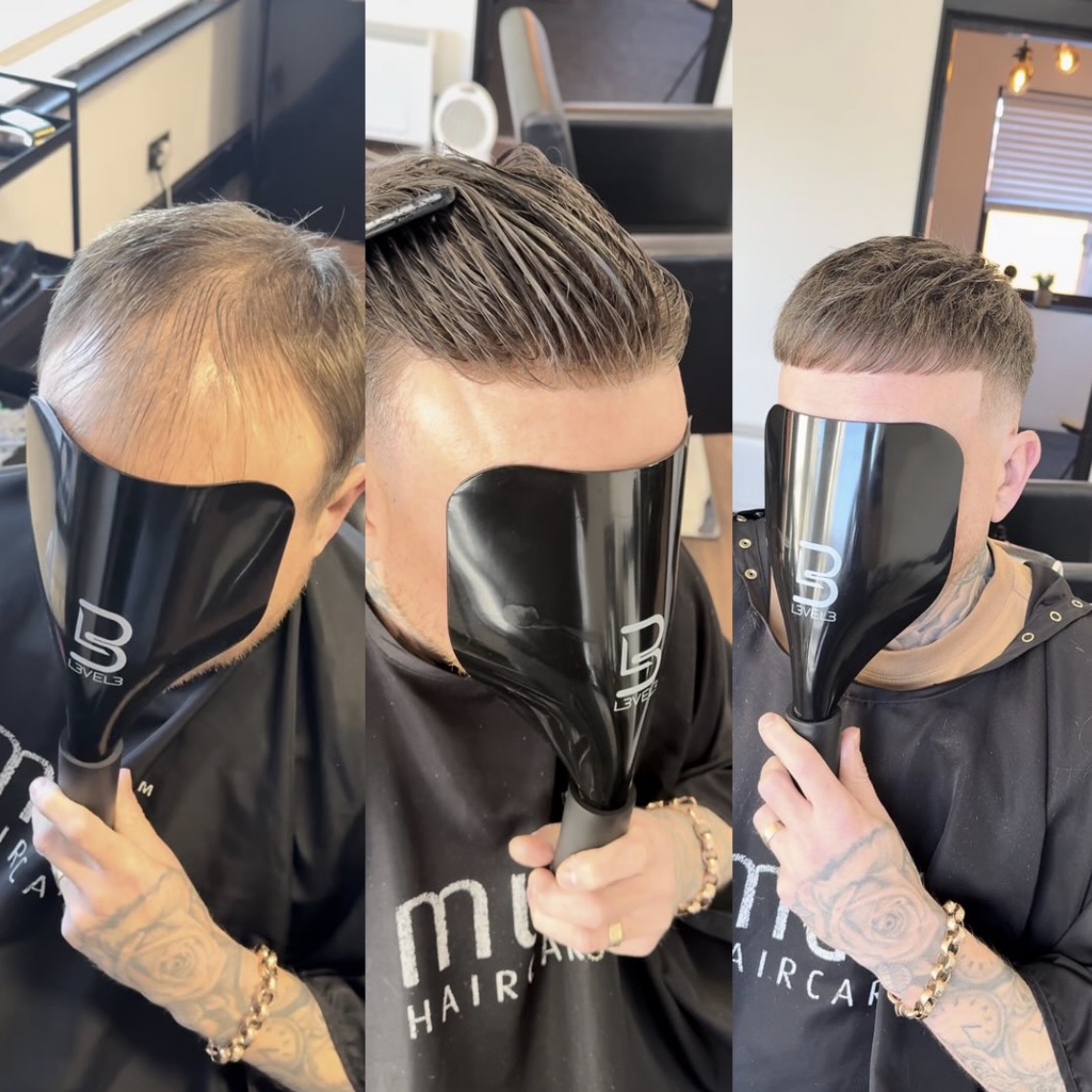 Hair system styling progress shown in three views