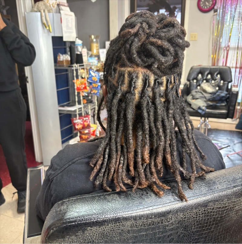Loc hairstyle viewed from behind in the salon