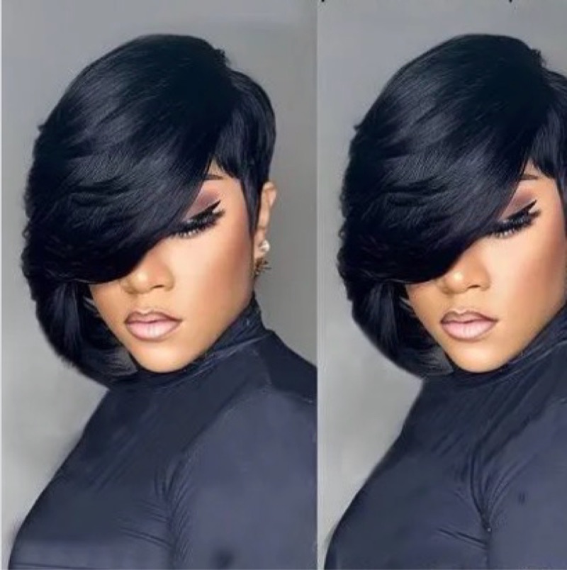 Short black quick weave hairstyle shown in two views